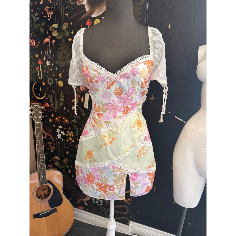 Showpo Floral Patchwork Mini Dress Lace Trim Swiss Dot Puff Sleeve Pastel Pink L